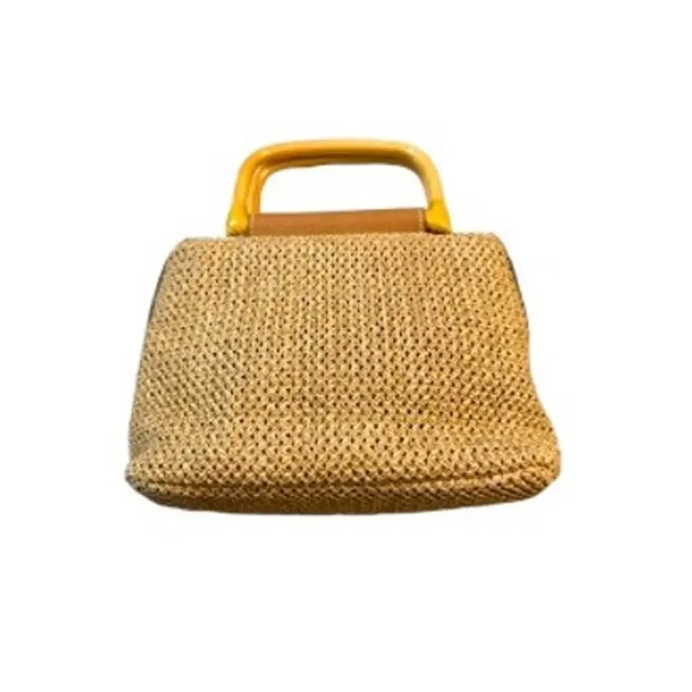 Vintage Fossil Woven Straw Bamboo Handle Top Handle Crossbody Bag